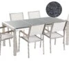 Conjunto De Jardín Mesa Con Tablero Gris De Piedra Natural Pulido 180 Cm, 6 Sillas Blancas GROSSETO 1 Conjunto De Jardín Mesa Con Tablero Gris De Piedra Natural Pulido 180 Cm, 6 Sillas Blancas GROSSETO -Beliani undef src sa picid 394282 type whitesh image