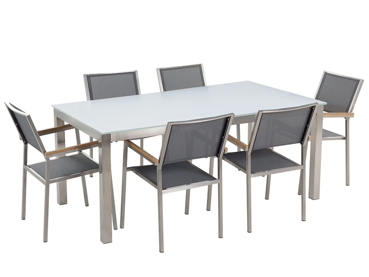 Conjunto De Jardín Mesa En Vidrio Blanco 180 Cm, 6 Sillas Grises GROSSETO 3 Conjunto De Jardín Mesa En Vidrio Blanco 180 Cm, 6 Sillas Grises GROSSETO