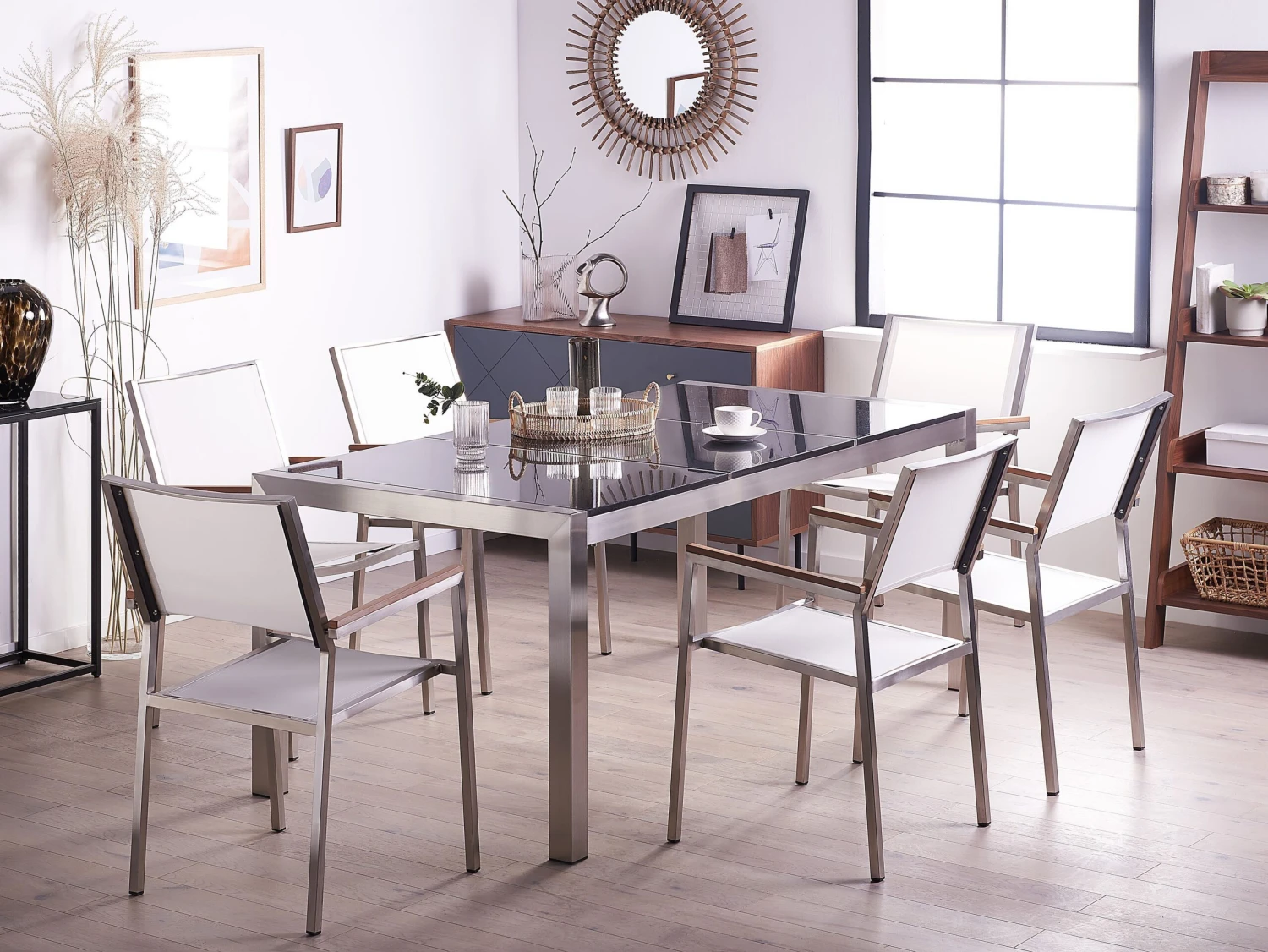 Conjunto De Jardín Mesa Con Tablero Negro De Piedra Natural 180 Cm, 6 Sillas De Tela Blanca GROSSETO 6 Conjunto De Jardín Mesa Con Tablero Negro De Piedra Natural 180 Cm, 6 Sillas De Tela Blanca GROSSETO - Imagen 4