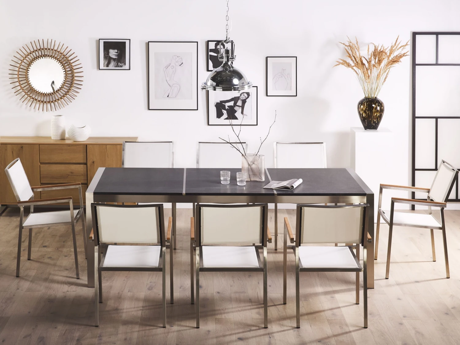 Conjunto De Jardín Mesa Con Tablero De Piedra Natural Negro Curtido 220 Cm, 8 Sillas Blancas GROSSETO 7 Conjunto De Jardín Mesa Con Tablero De Piedra Natural Negro Curtido 220 Cm, 8 Sillas Blancas GROSSETO - Imagen 5