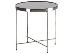Mesa Auxiliar De Vidrio Templado/metal Negro/plateado ⌀ 40 Cm LUCEA