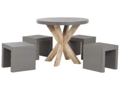 Conjunto De Jardín De Cemento Reforzado Mesa ⌀ 90 Cm 4 Taburetes Gris/madera Clara OLBIA/TARANTO