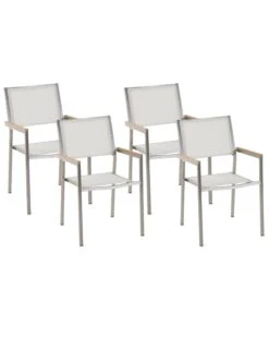 Conjunto De 4 Sillas De Jardín De Poliéster/acero Blanco/plateado/madera Clara GROSSETO