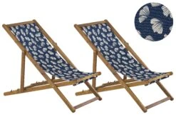 Conjunto De 2 Tumbonas De Jardín Madera Clara Con Tela Azul Marino/beige ANZIO