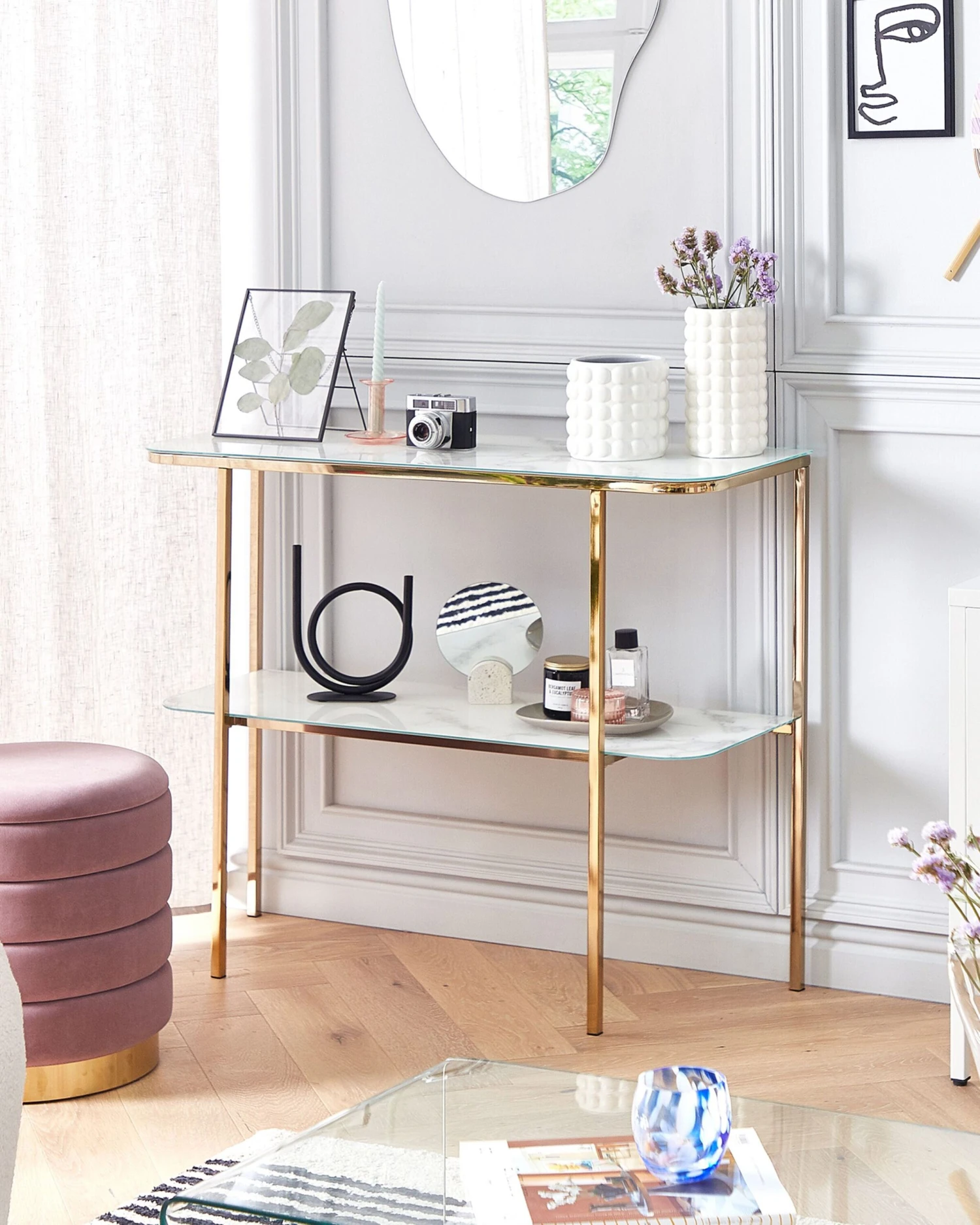 Consola De Vidrio Templado Blanco/dorado 100 X 35 Cm CALVERT 4 Consola De Vidrio Templado Blanco/dorado 100 X 35 Cm CALVERT - Imagen 2