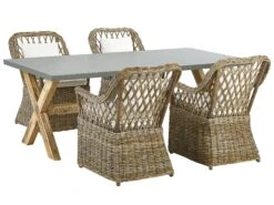 Conjunto De Comedor 4 Plazas De Ratán Natural/gris/madera Clara/blanco Crema MAROS/OLBIA