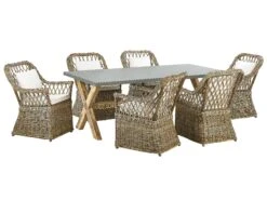 Conjunto De Comedor 6 Plazas De Ratán Natural/gris/madera Clara/blanco Crema MAROS/OLBIA