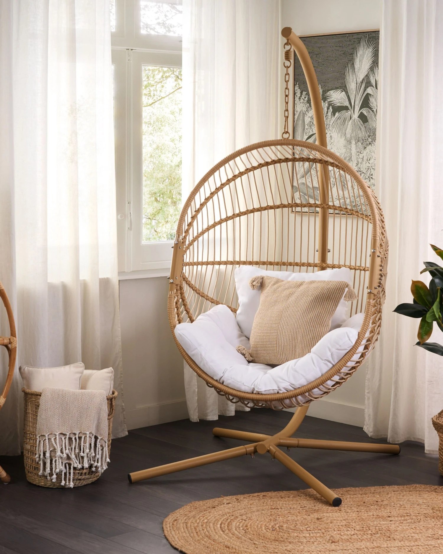 Silla Colgante Con Soporte De Ratán Beige/blanco ACRI 5 Silla Colgante Con Soporte De Ratán Beige/blanco ACRI - Imagen 3